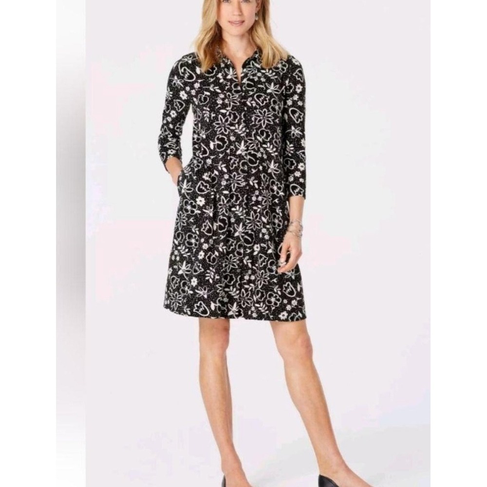 J.Jill Pima Cotton Modal Floral Dress w/Pockets Small Black White